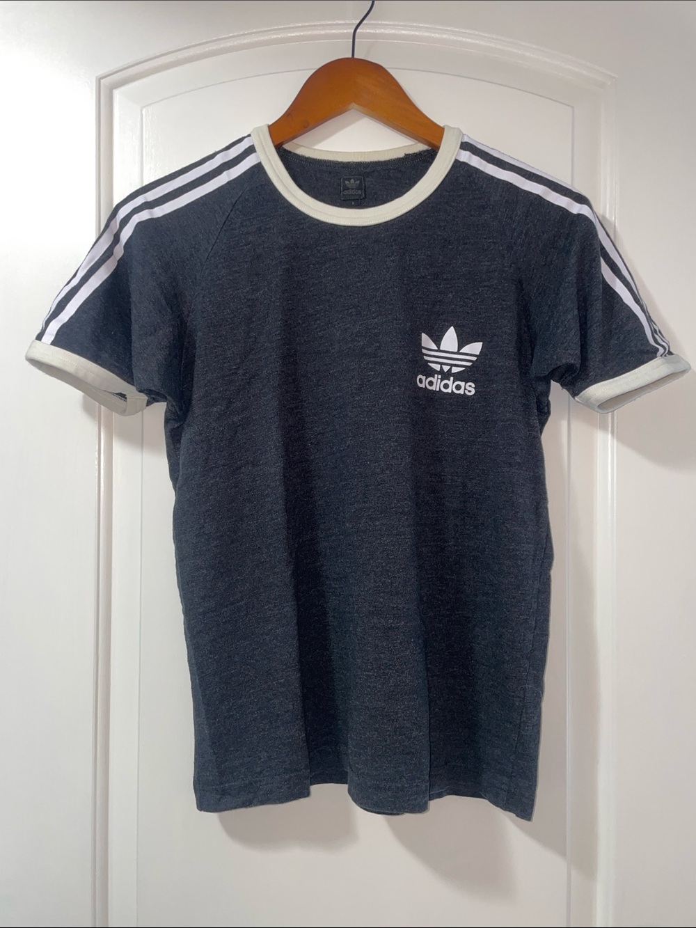 adidas Gray Ringer Tee with White Trefoil & Shoulder Stripes
